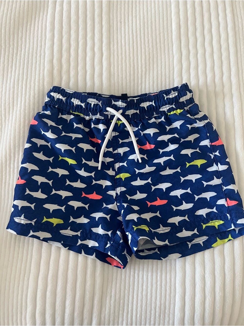 Janie and Jack Navy Shark Print Swim Shorts with Neon Accents